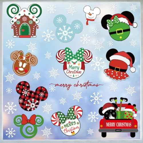 RiVolTa Christmas Mouse Window Clings - 9 Sheets Cute Merry Xmas Snowflake Sticker Decor for Glass Gingerbread Bow Decals Kids Winter Holiday Decorations Home Office Kitchen Hotel Decorative Supplies