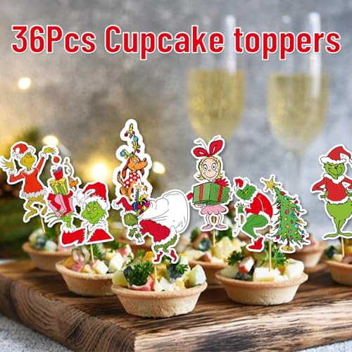 36Pcs Merry Christmas Cupcake Toppers for Christmas Birthday Decorations Whoville Decorations Party Supplies