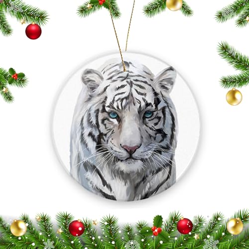 Ceramic Christmas Ornaments White Tiger Double-Sided Xmas Hanging Decor