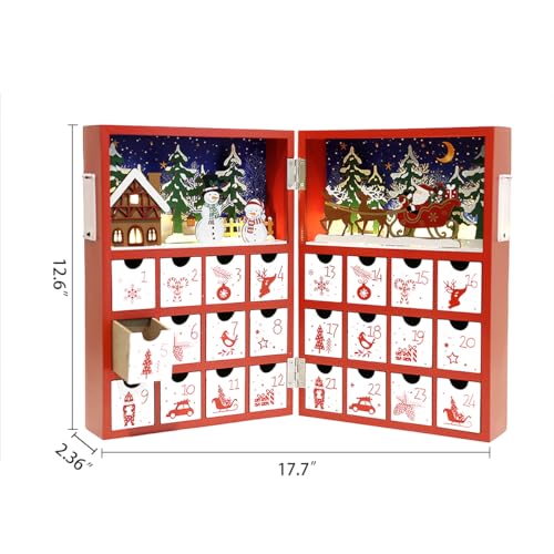 Christmas Wooden Advent Calendar with LED Lights, Snowman & Santa - 24 Drawers Holiday Countdown Decor