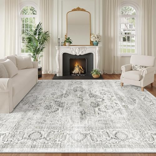 8x10 Ivory & Gray Non-Slip Washable Area Rug for Living Room