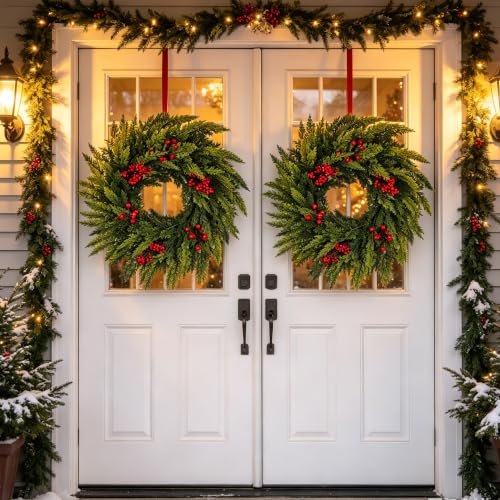 FJAKA 20in Christmas Wreath with Red Berries - Front Door Decor, Indoor/Outdoor, Norfolk Pine Accent