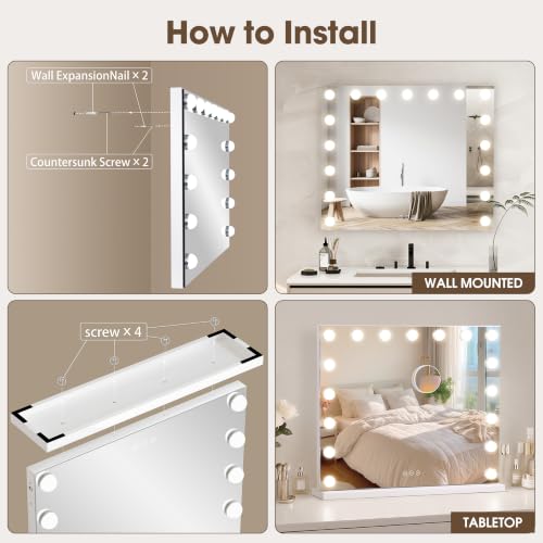 Vanity Makeup Mirror with Lights, 17 Dimmable LED Bulbs, 3 Color Modes, 10X Magnification, Touch Control, White - 23.6"L x 20.5"W