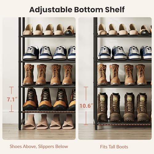 Rustic Brown and Black 8-Tier Shoe Rack Organizer for 32-40 Pairs - Tall Metal Storage Shelf with Wood Top, Adjustable Boot Space, Narrow Entryway Closet