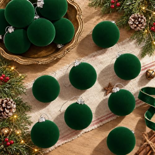 Sosation 12 Pcs Dark Green Velvet Christmas Ornaments, 3.15" Glass