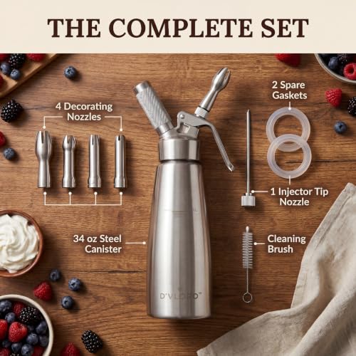 D'VLORO 34 oz Stainless Steel Whipped Cream Dispenser with 5 Nozzles & Replacement Gaskets