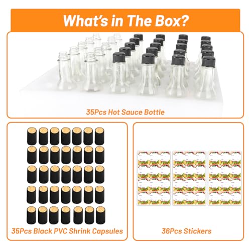 Black Lids 35 Pack 5oz Glass Hot Sauce Bottles with Inserts & Shrink Caps