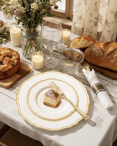 Hioasis Ivory Gold Disposable Plastic Plates Set for Wedding & Party – 350 pcs, 50 Guests, 10-inch & 7-inch Dinner & Dessert Plates