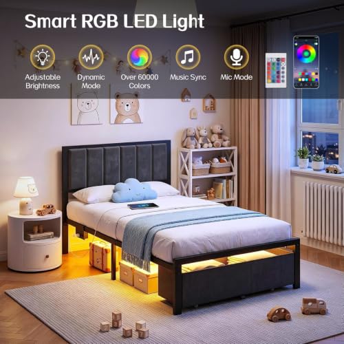 OLEVS Twin Size Bed Frame with Large Storage Drawer, Charging Station & RGB LED Lights - Dark Grey