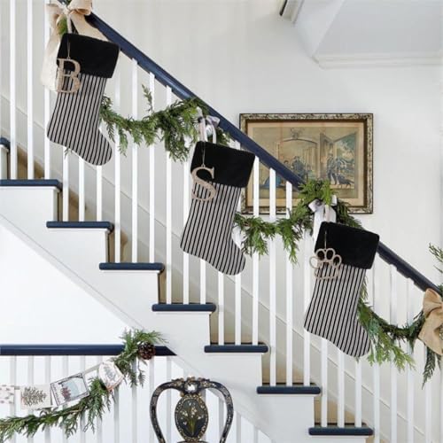20 Inch Black Vertical Stripe Christmas Stocking with Gold Wooden Initial, Personalized Holiday Decor