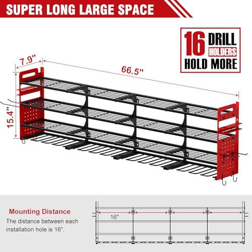 Large Power Tool Organizer Wall Mount, 16 Drill Holders Storage Rack,