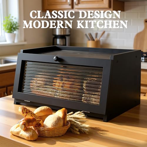 Black 1-Tier Bread Box for Kitchen Countertop - Natural Pine & Acrylic Window
