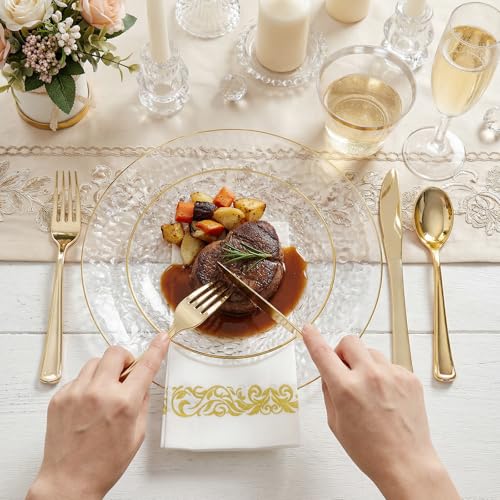 Clear Gold Hammered Plastic Plates Set - Disposable Dinnerware for Party, 350 Pcs