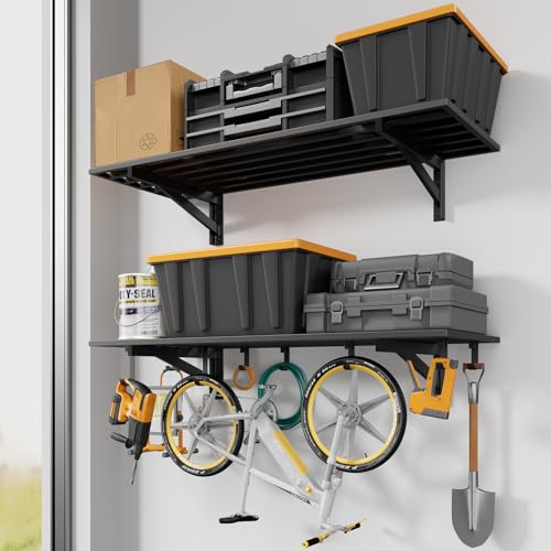 2 Pack Wall Mounted Garage Shelving with 8 Hooks - 1.5x4ft Heavy Duty Steel Storage Racks