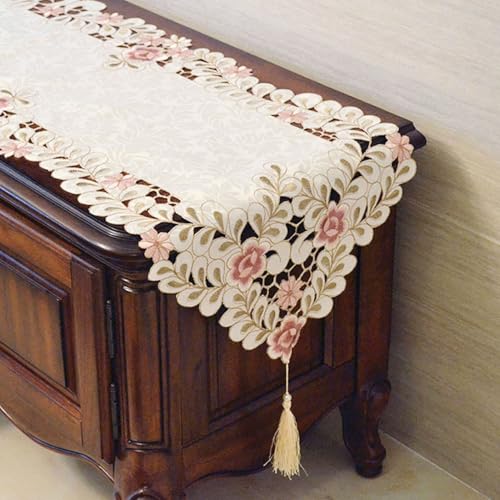 LeLehome 15" X 77" Classic Table Runner, Flowers Embroidery Lace Long Dresser Scarf Floral Cutwork Fabric Table Top Party Wedding Festival Home Decoration - Dark Red Rose