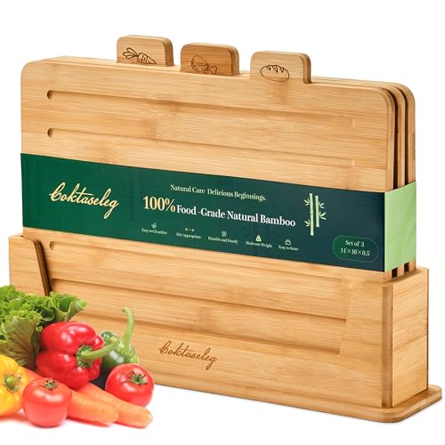 Natural Bamboo Cutting Board Set with Holder - Extra Large Kitchen Chopping Boards, 3 Piece