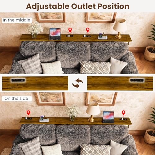 Narrow Sofa Console Table with Charging Station - Rustic Brown 90IN
