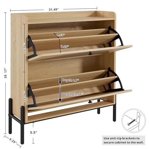 IRONCK Large Rattan Shoe Cabinet Storage with 2 Flip Drawers - Oak