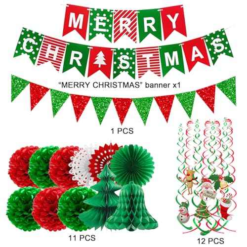 Fecedy MERRY CHRISTMAS Hanging Paper Banner Pom poms Paper flower Fan Swirl Streamers&Christmas tree Santa Claus Banner For Merry Christmas Party Decorations
