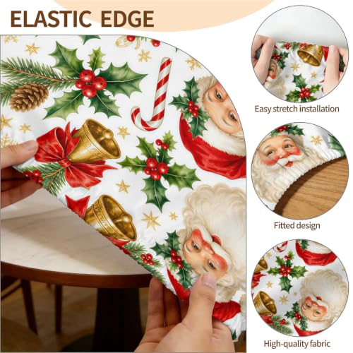 Santa Bells 60 Inch Round Waterproof Fitted Tablecloth with Elastic Edge - Christmas Decor