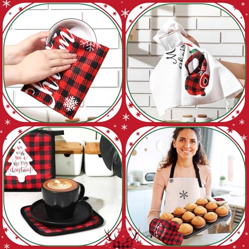 Geetery Christmas Kitchen Towel Set with Oven Mitts Pot Holders & Apron - Red & Black Plaid