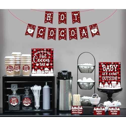 FaCraft Hot Cocoa Bar Kit Supplies - Hot Cocoa Chocolate Banner Bar Sign Toppings Labels Cup Tags Sticker for Winter Birthday Holiday Christmas Party New Year Party Baby It's Cold Outside Decoration