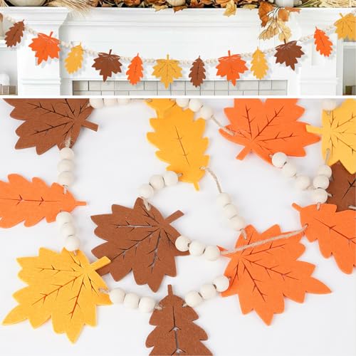 Fall Decor, Fall Felt Garland for Mantel, Autumn Maple Leaf Felt Wooden Bead Garland Decorations for Home Indoor, Farmhouse Leaves Banner, Fall Hanging Ornaments