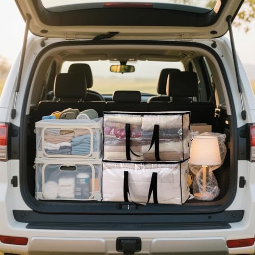 Clear Heavy Duty Moving Bags 12 Pack Waterproof Storage Totes with Handles & Zippers - Foldable Dorm & Storage