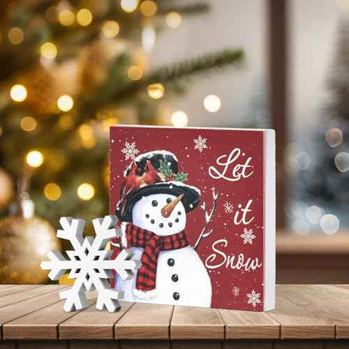 Smile Christmas Indoor Decor, Set of 2 Let it Snow Snowflake Snowman Square Sign for Desk Table Shelf Office Farm Decoration Kitchen 5 x 5 Inches.