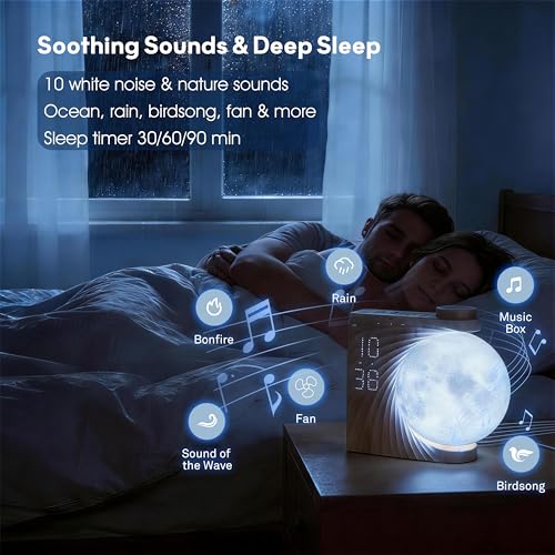Wood Grain Sunrise Alarm Clock with Night Light & White Noise Machine - Dual Alarms for Heavy Sleepers