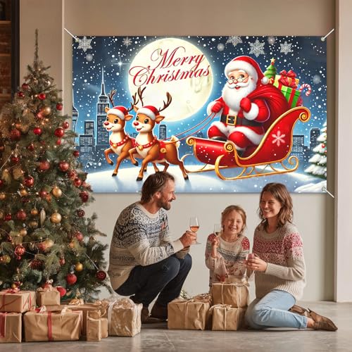 Merry Christmas Banner Santa Sleigh Decorations 71 x 43 in