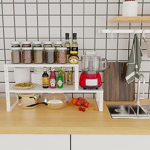 Jojocross Expandable White Metal Kitchen Organizer - 2 Pack, Adjustable & Stackable Spice & Pantry Shelves, 10.24"D x 16.6"–26.5"W