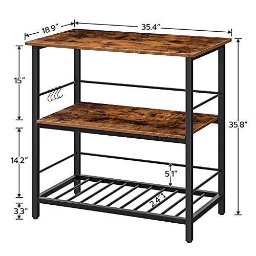 Kitchen Island with Wine Rack and Hooks, Rustic Brown 3-Tier Food Prep Station
