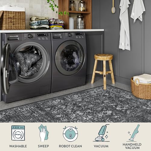 Lahome 6' x 9' Washable Black & Grey Vintage Distressed Area Rug for Bedroom & Living Room