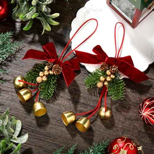 2 Pcs Christmas Wreath Bows with Jingle Bells and Pinecone Hanging Christmas Tree Topper Xmas Bow Pine Cones with Bell Pendant Decorative Bows Ornament for Party Decoration Kitchen Cabinet