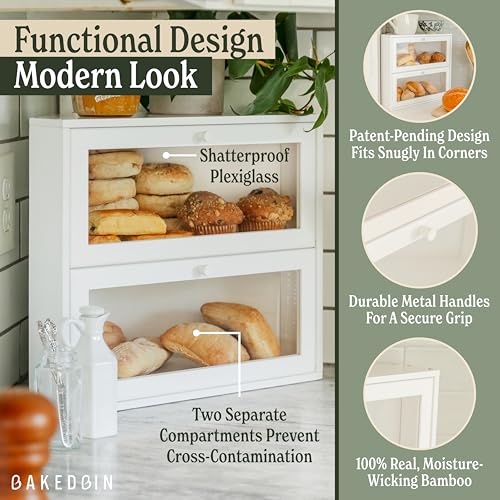 BakedBin White Double Layer Corner Bread Box - Airtight, Extra Large Kitchen Storage