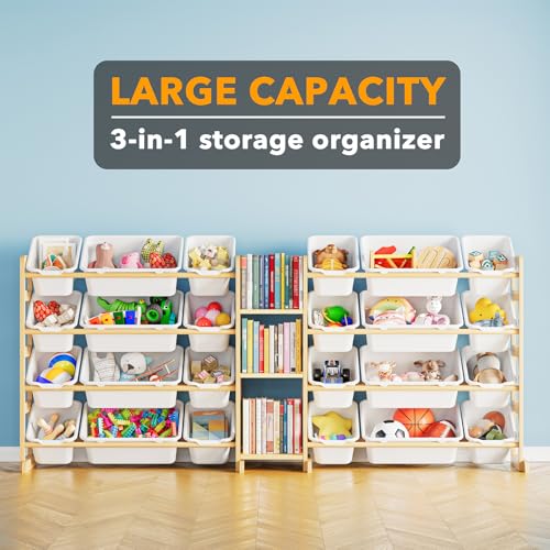SpaceAid 74W Large Toy Storage Organizer with 24 Bins & 3 Shelves, White Kids Bookcase