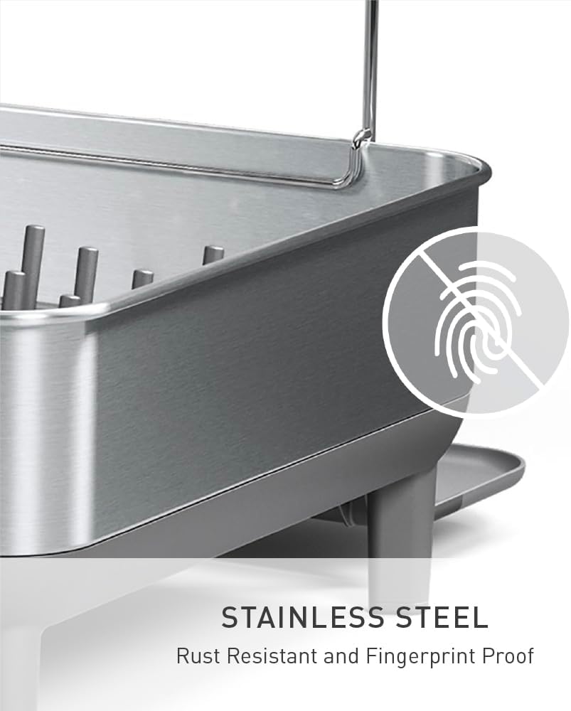 simplehuman Large Capacity Dish Drying Rack - Stainless Steel Frame, 360º Drain Spout, Grey
