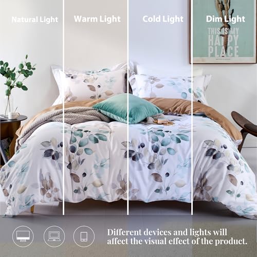 King White Brown Floral Green Leaves Duvet Cover Set 3pcs - No Comforter