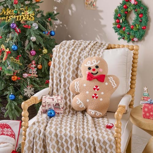 Lanpn Christmas Gingerbread Boy Pillow - Seasonal Decorative Throw Cushion, 15.2x18.3 inch, Soft Fleece, Xmas Home Decor, Variation 01 Boy