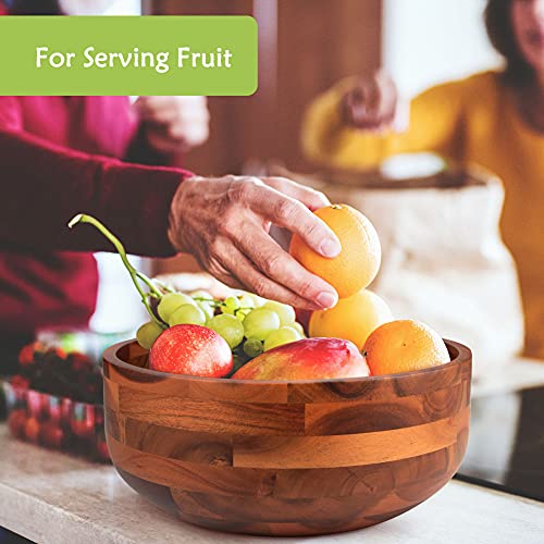 Acacia Wood Salad Bowl Set with Serving Utensils - Large Mixing Bowl for Fruits, Salad, Cereal, Pasta - 11 Inch Diameter
