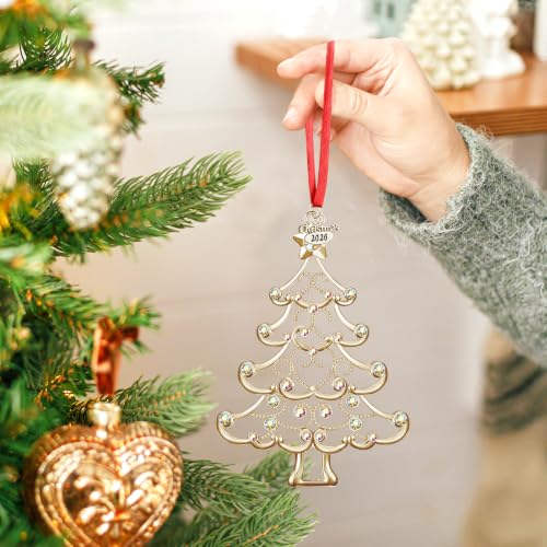 Gold Metal Christmas Ornament 2026 for Tree Holiday Decor with Rhinestones