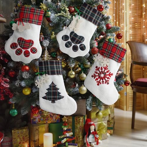 XinblueCo Christmas Pet Stockings - Red Snow Paw and Fish Bone Pattern, Large Fireplace Hanging Decor