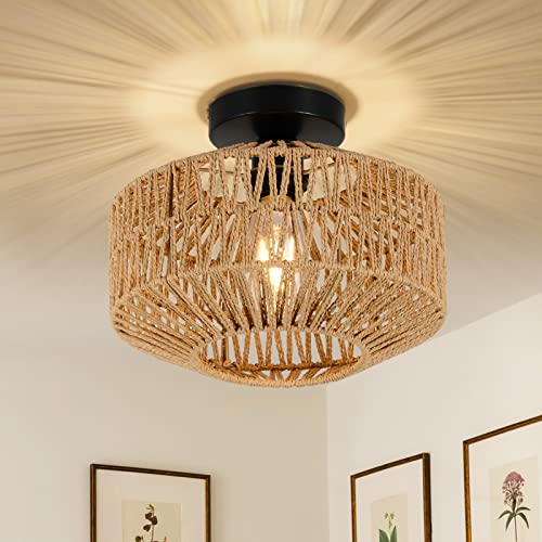Boho Ceiling Light Fixture with Dimmable LED Bulb - Mini Rattan Chandelier, Brown Variation