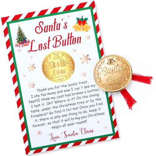 Daifunli Santa's Lost Button Set, Extra Large 1.38 Inch Diameter Alloy Santa Claus Missing Button with 3.9 x 5.91 Inch Express Letter and Red Thread Evidence Kit for Christmas Morning(Gold)