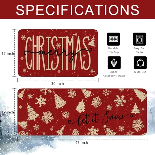 Christmas Kitchen Rugs Set of 2 17x30 & 17x47 Linen Non-Slip Mats | Merry Christmas & Let It Snow