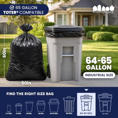 Heavy Duty Black Trash Bags 50 Count - 64-65 Gallon, Puncture Resistant, 1.5 Mil