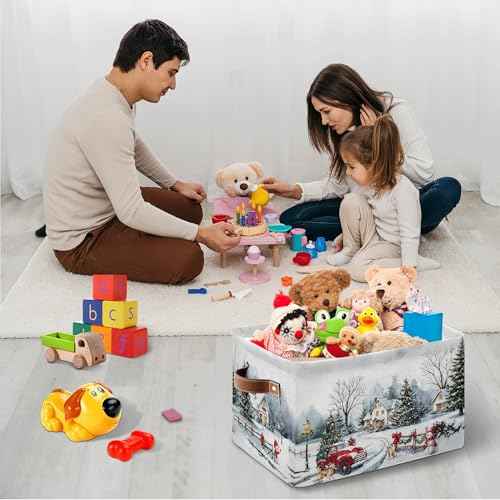 Christmas Tree Red Truck Basket - Merry Christmas Storage Bin Collapsible - Xmas Winter Snowman Snowflake Golden Retriever Dog Basket - Xmas Large Baskets for Kids Clothes, Gifts, Books, Toys