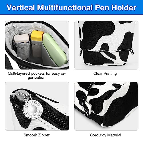 KPX Cow Print Cute Standing Pencil Case for Kids | Pop-Up Canvas Pencil Box & Makeup Pouch