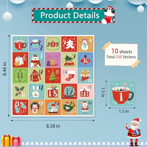 Lucleag 250PCS Christmas Advent Calendar Number Stickers for Kids, Adorable 1-25 Christmas Number Stickers Christmas Calendar Stickers for Christmas Crafting DIY Labels Gift Sealing Stickers